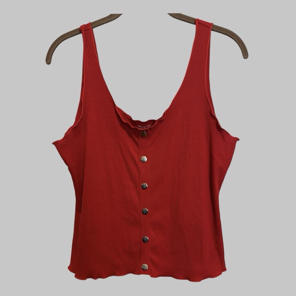 Y2K Guess Cropped Henley Tank Top Red Ribbed Lettuce Trim Grunge Tomato Girl L
